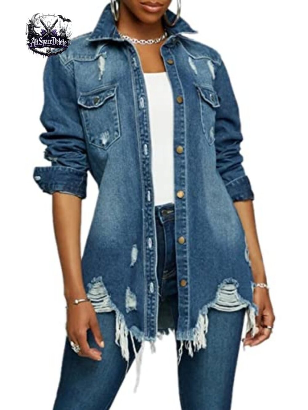 Women's Denim Jacket Long Sleeve Classic Distressed Trucker Jean Jacket